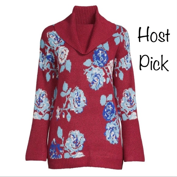 The Pioneer Woman Sweaters - Floral Red with blue flowers Cowl Neck Sweater by The Pioneer Woman Host Pick